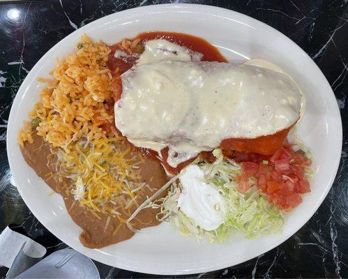 Beef chimichanga with rice, beans, and "salad". 08/08/204