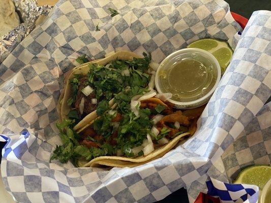 Barbacoa and Pastor tacos with FRESH cilantro and onion served with salsa