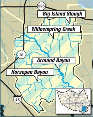 Big Island Slough is a primary stream to the Armand Bayou Watershed, which covers 60 sq miles of SE Harris County as shown here.