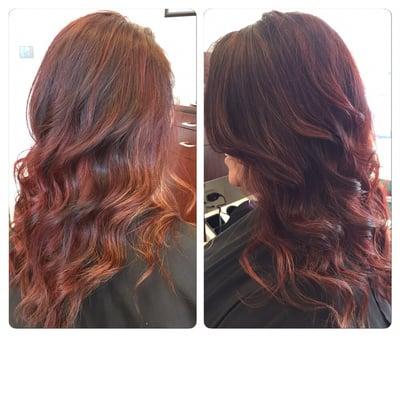 Dimensional red with blonde peekaboo low maintenance highlights.