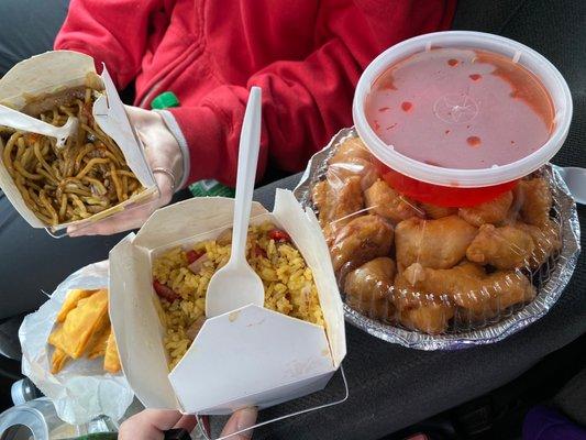 Pork fried rice, Sweet and Sour Chicken, Beef Lo Mein, Crab Rangoon's