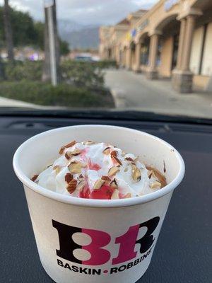 This is a 2 scoop sundae.  Both scoops are the size of one.  $8 dollars.  Never coming back.  Go to Handel's!