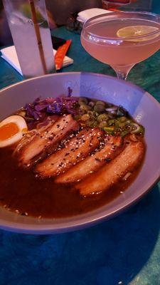 Pork belly ramen, and I believe a drink called Pink Lady