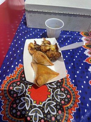 Vegan food from Simba Sambusa Factory/ fried plantains, mixed veggie sambusa, fried rice sambusa. All delicious!!