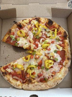 BYO: Dairy free cheese, pepperoni, tomatoes, bell pepper and banana peppers