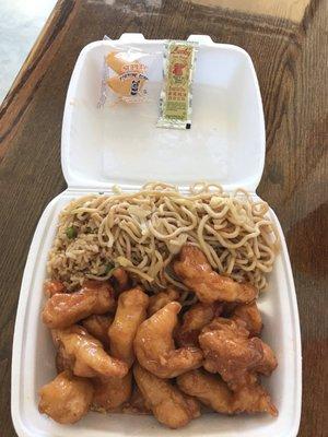 Orange Chicken with 1/2 noodles & 1/2 fried rice - tasty  6/20/23