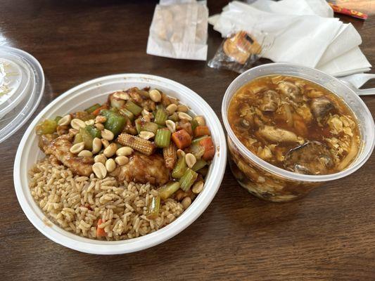 Kung pao chicken with fried rice and hot and sour soup