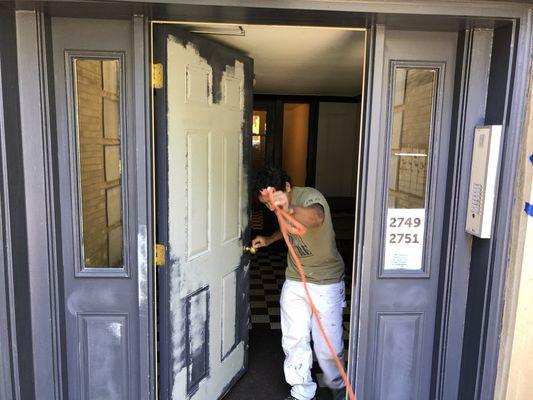 Front metal door sanding and painting