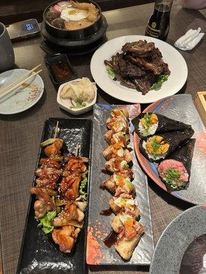 Chicken Teriyaki Appetizer, Korean BBQ Style Short Ribs Dinner, hand Tuna Roll, hand uni roll