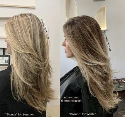 Many of my blondes love being light in summer, more subtle and dimension in cool months. Balayage & layered cut by Sovay.