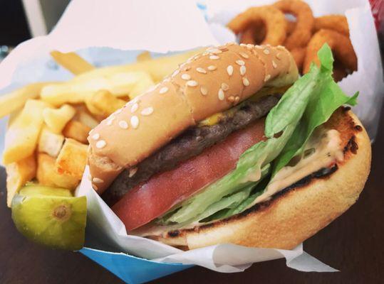 10/13/18: Cheeseburger, fries & onion rings - simple but delicious!