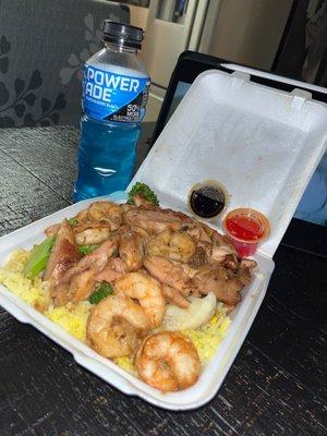 Teriyaki chicken bowl with fried rice and shrimp