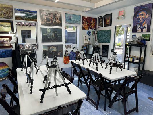 Our gallery space doubles as a creative studio for our Painting Parties.