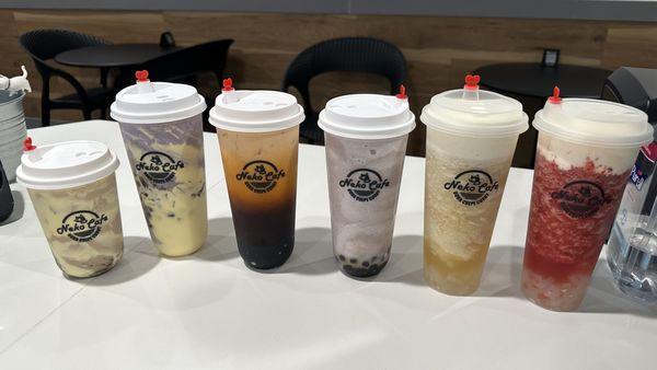 Creme burlee milk tea, taro milk tea, Thai tea, taro frostie, lychee cheese foam and strawberry cheese foam