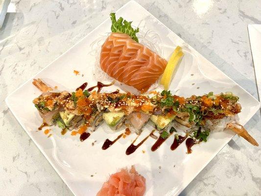 Honey Bunny Special Roll and sake sashimi