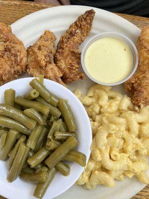 Chicken Tenders, green beans, Macaroni & Cheese, honey mustard dipping sauce