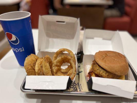 Barbecue Smokehouse Burger, Onion Rings and Regular Drink.