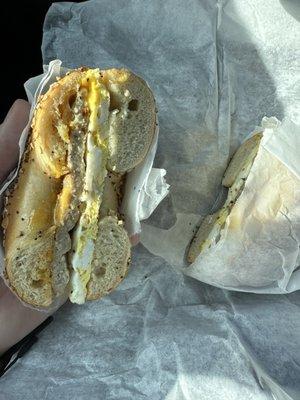 Sausage, egg, and cheese on an everything bagel