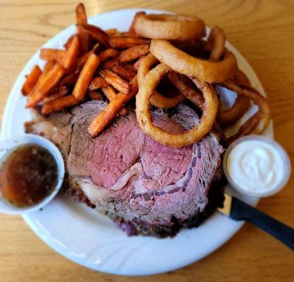 20oz Prime Rib, Sweet Potato Fries and Onion Rings