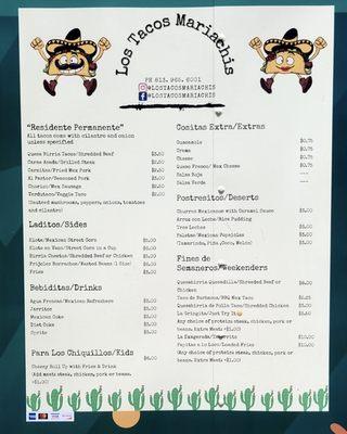 2020 Full Non Festival Menu, Los Tacos Mariachis Food Truck, Seffner, near Tampa