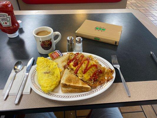 Double Omelette, hash browns smothered, covered and chunked