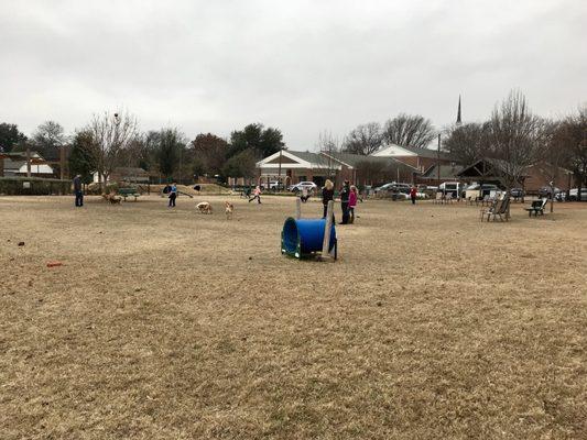 A large park with a "L" for a nice long run for those pups that like to chase balls.