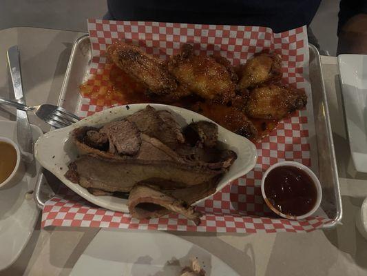 2 meat platter; brisket and wings (sweet chili sauce)