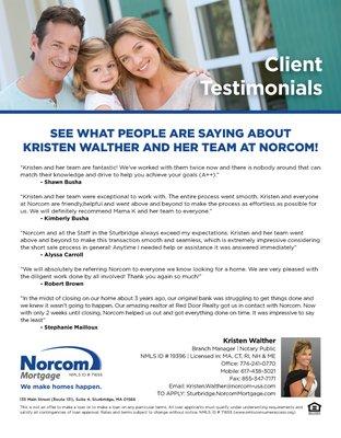 Norcom Mortgage-Sturbridge, MA is your trusted source for all of your mortgage financing needs. Check out what our client are saying....