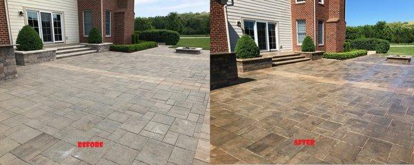 Before and After of Pressure Wash, Sand, Tamp and Seal on Existing Brick Pavers