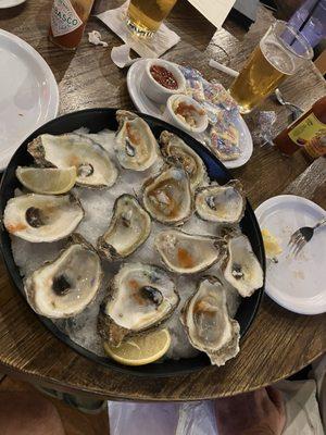 Oysters, boudin grilled cheese Shrimp and pork belly pasta