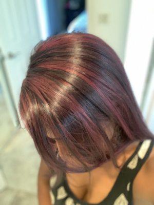 Amazing Burgundy highlights done my Rosario today. Always keep coming back to her because she's that good!