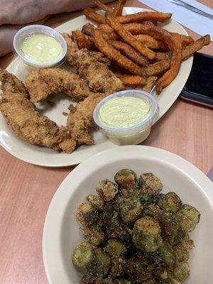 Chicken strips, sweet potato fries and okra