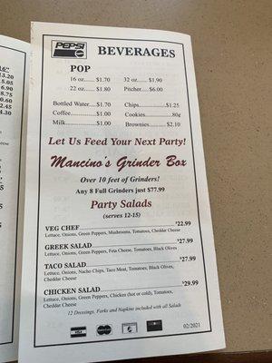 Beverages menu