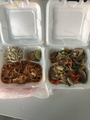 Pad Thai chicken and pad kee moaw pork