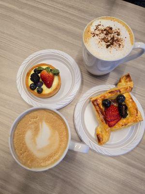 Fruit pastries, cappuccino, mocha