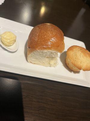 In-house baked bread -- cornbread and a Hawaiian style sweet roll