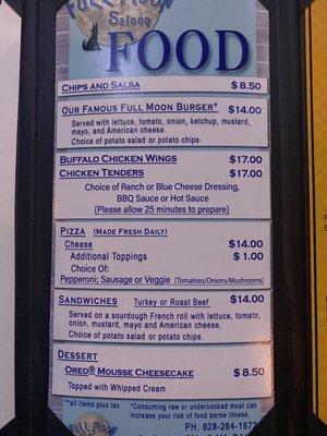 Current food menu and prices before tax 4/21/23