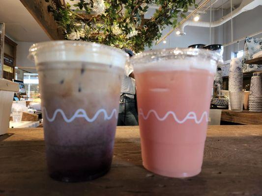 Iced blueberry lavender cappuccino & pink guava mint lemonade