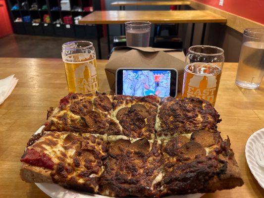 Plant based pepperoni pizza, beer and football!