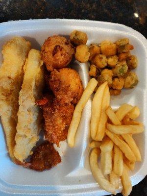 Fried fish, fried shrimp, fried okra, French fries and hushpuppies