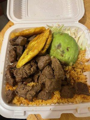 Steak, rice, plantin, avacado, cabbage