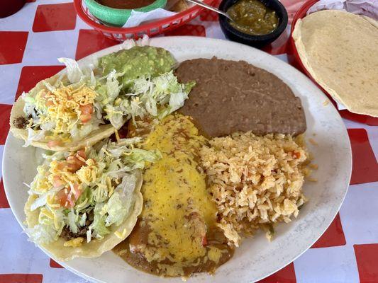 Thursday #1 Lunch Special: 2 Cheese Enchilada, 2 Beef Puffy Tacos, rice & beans ..$7.99