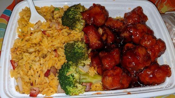 Combination Plate of General Tso Chicken with pork fried rice.