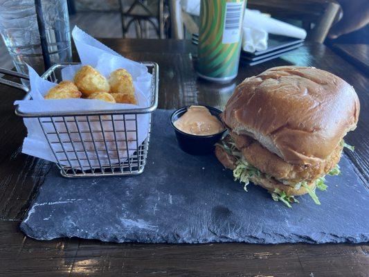 Hot honey chicken sandwich and tots.