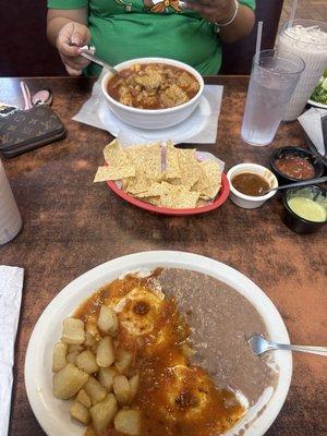 Huevos rancheros, menudo and chips and salsa