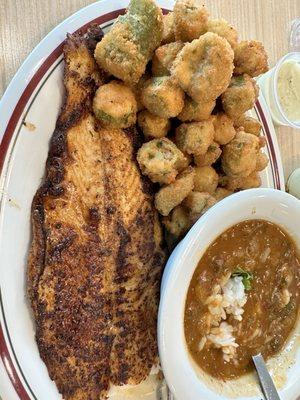 Catfish, etouffee, and fried okra.