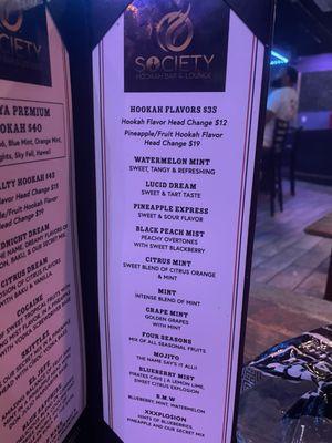 Hookah menu