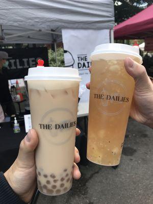 Classic Milk Tea with Golden Boba and Apple Green Tea with Kiwi and 3Q Boba