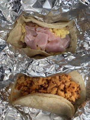 Egg and ham with beans and a chorizo and ham with beans tacos