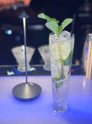 Our craft Mojito atop our sleek bar.